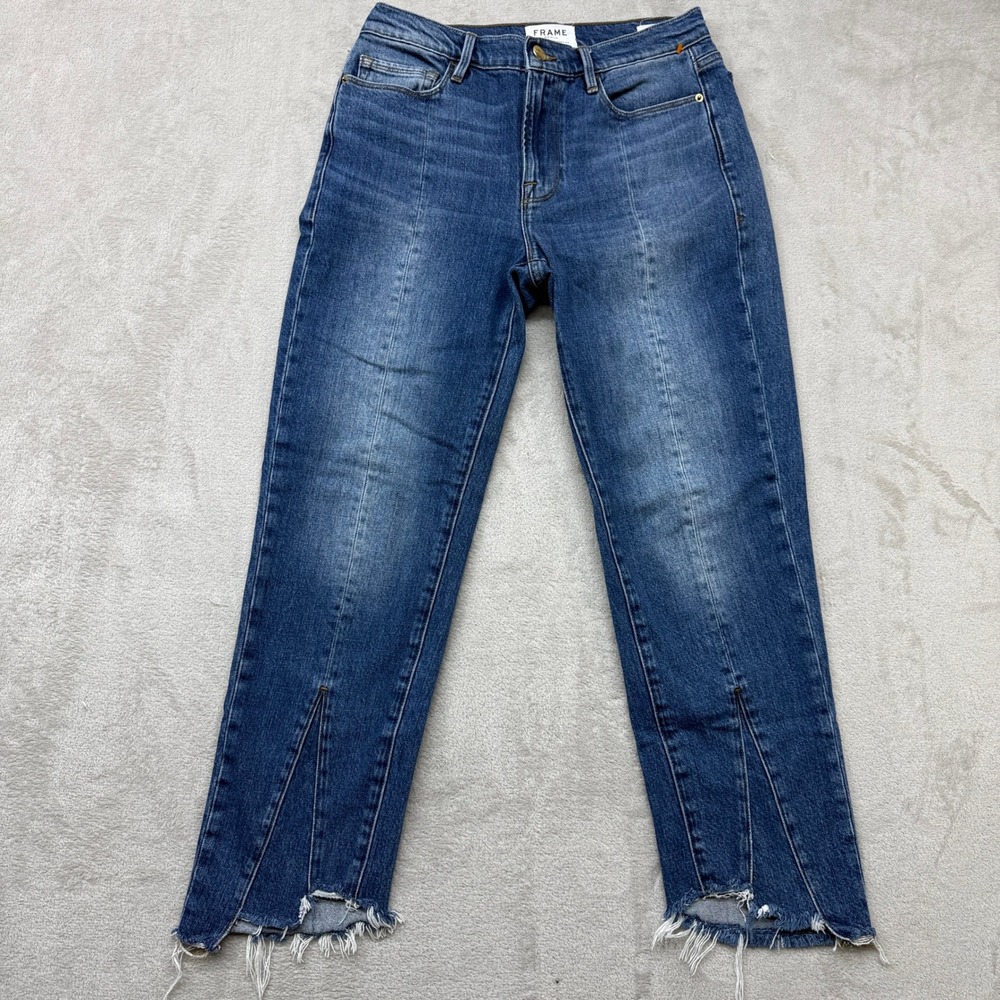 Frame Le Nouveau Straight Jeans Women's 27 Blue Genesis Split Raw Hem Chic Denim